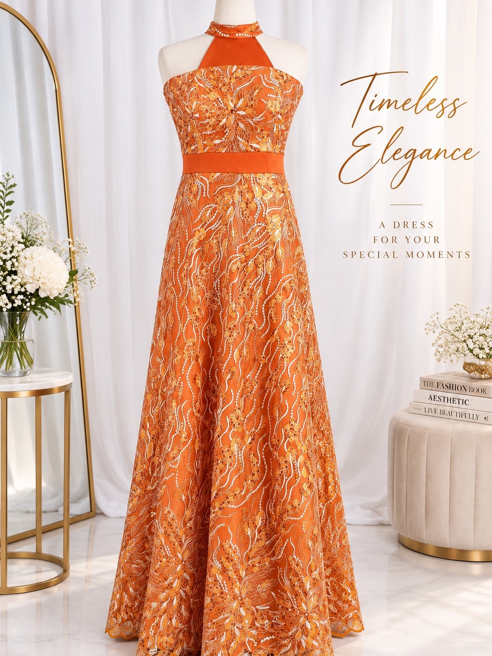 26th September Orange Embroidered Halter Evening Gown/ Poss SEPT Sarah Seve
